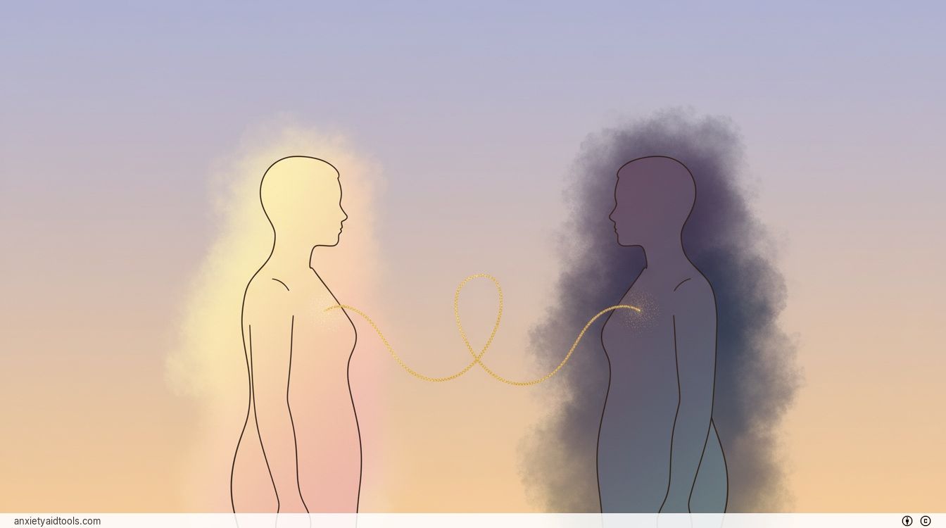 Two silhouettes connected by a glowing golden thread against a soft, colorful gradient background.