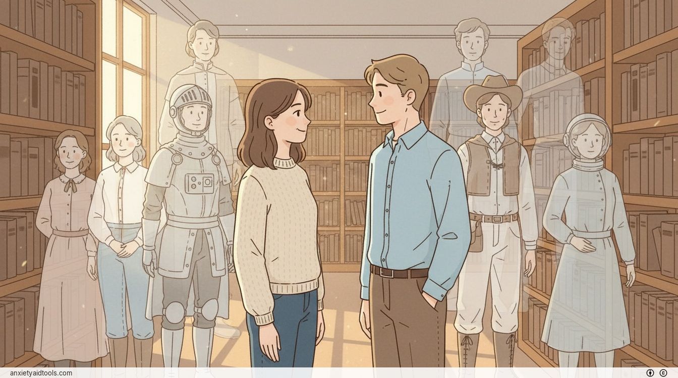 Two people looking at each other with deep recognition in a sunlit library.