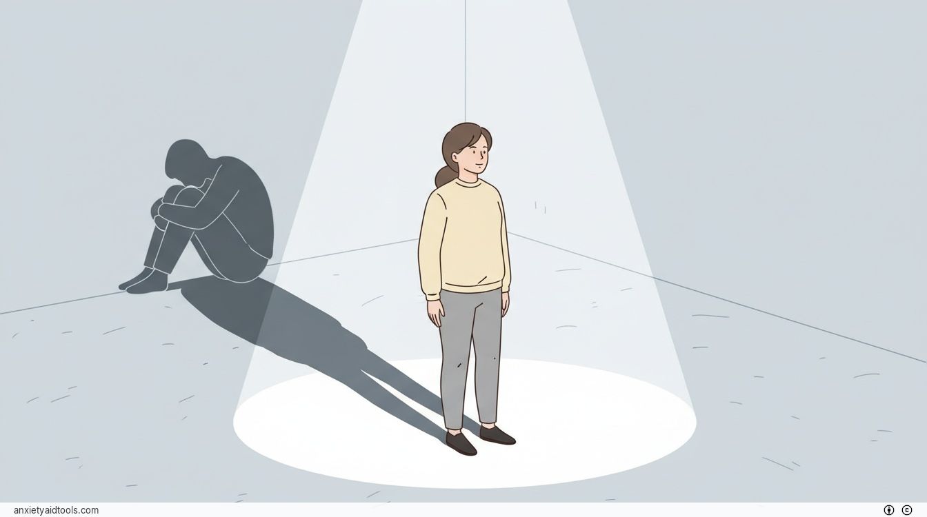 A person standing normally while their shadow shows a dramatic, slumped victim pose.