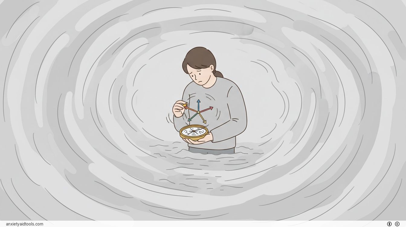A person in thick fog holding a broken compass with needles spinning in all directions.