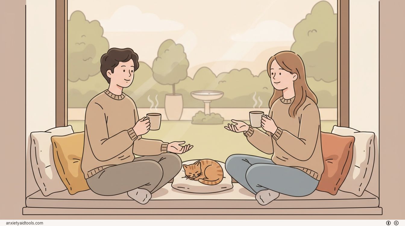 A cozy and peaceful scene of two people talking comfortably by a window, symbolizing soulmate stability.