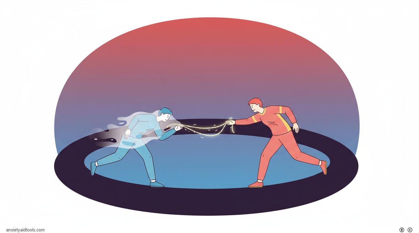 Abstract figures on a circular path representing the push-and-pull runner and chaser dynamic.