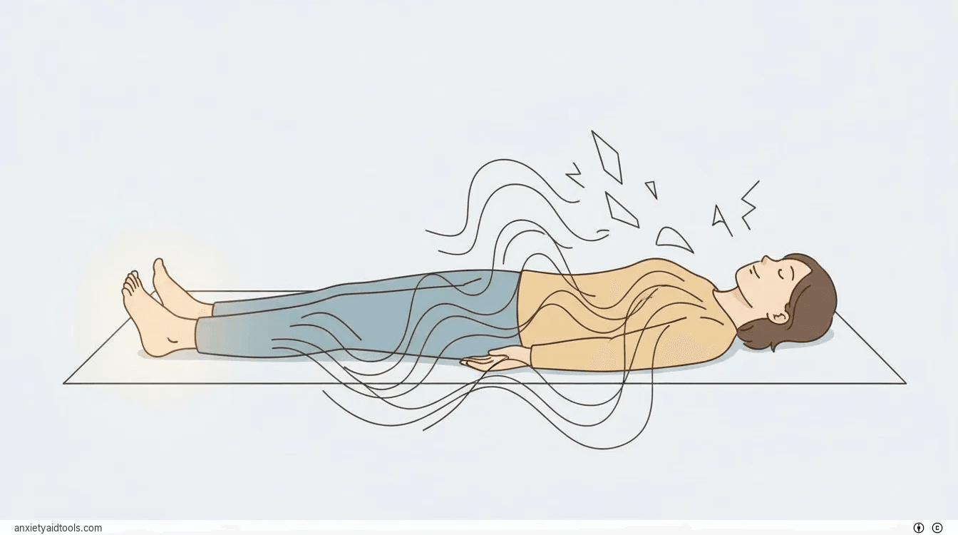 Illustration of a body scan meditation starting at the feet, showing a transition from chaos to calm.