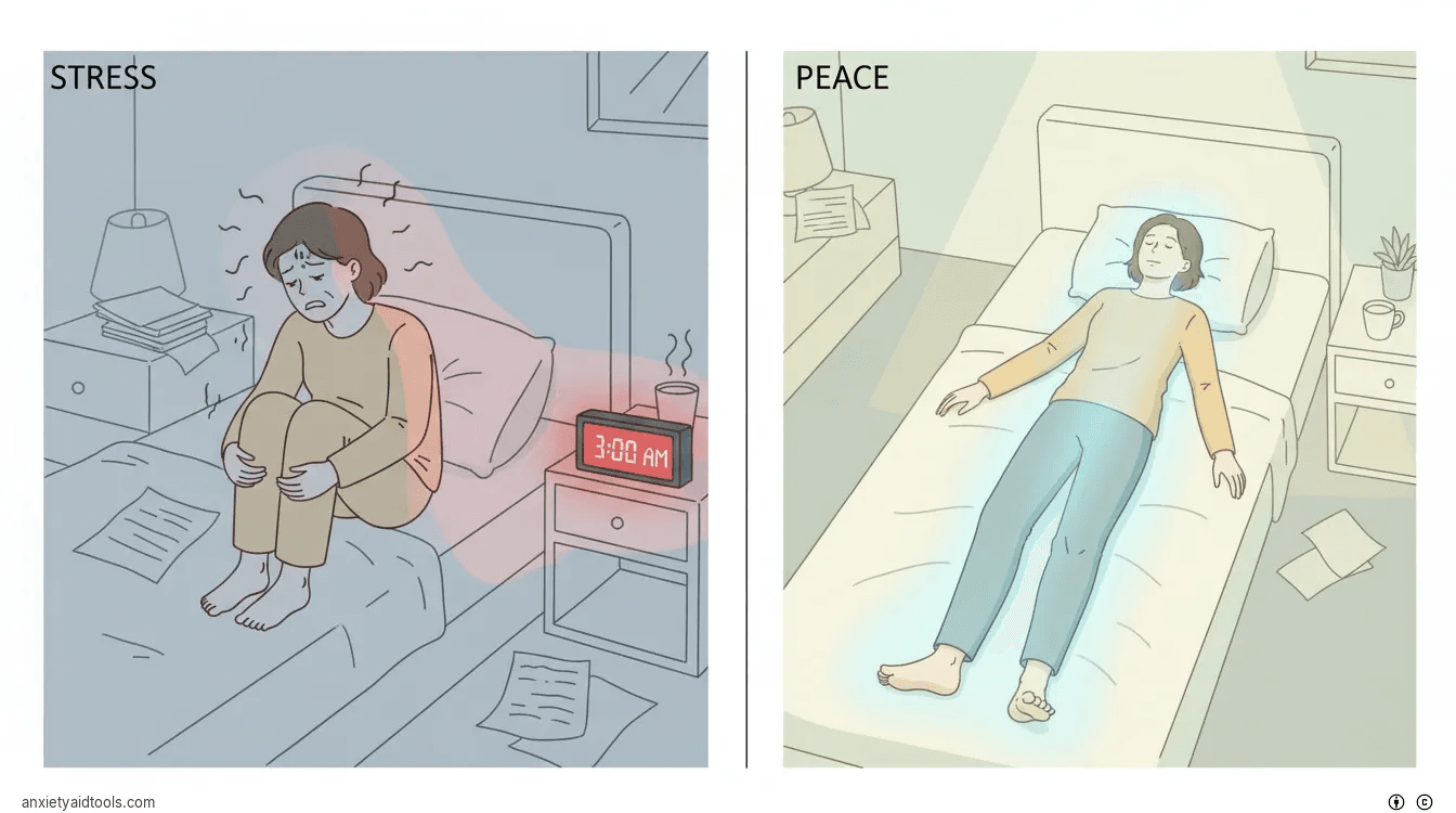 Split view of nighttime wakefulness versus the grounding effect of meditation.