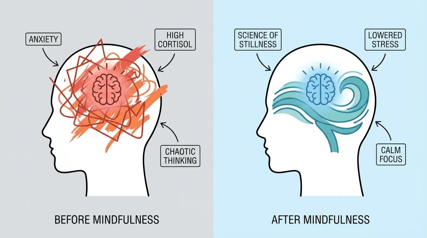 A conceptual split-screen illustration showing the contrast between anxiety (chaotic red lines) and the calm state achieved through meditation (smooth blue waves)