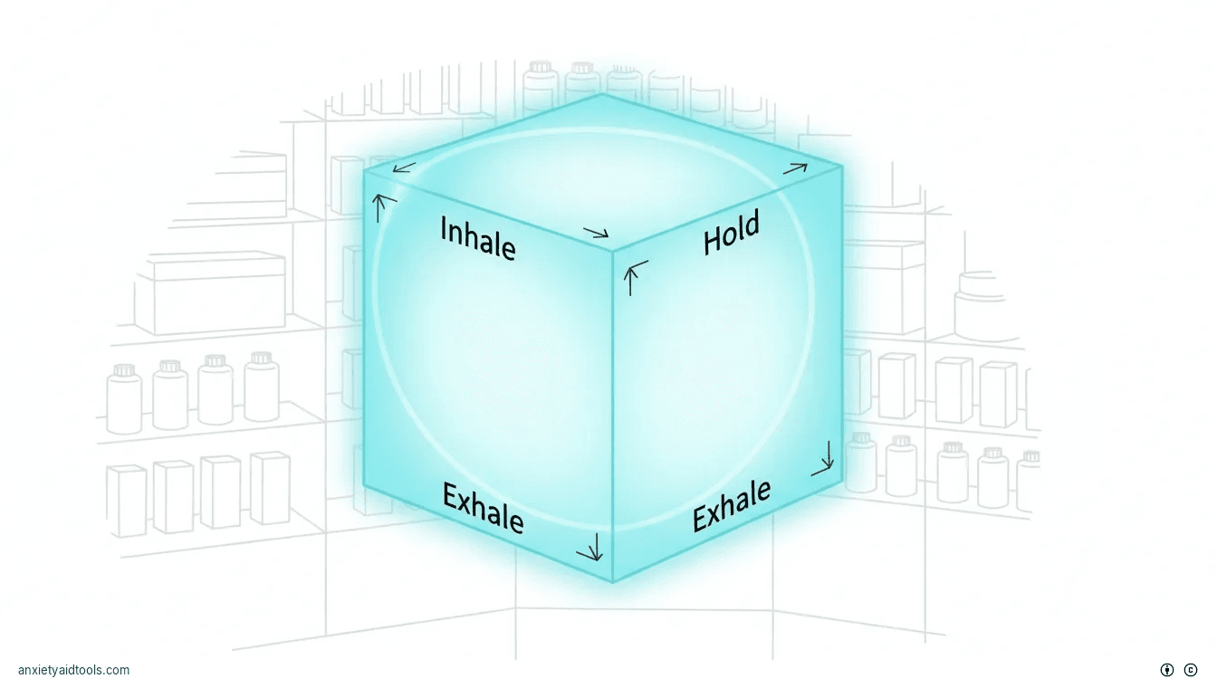A glowing 3D square diagram showing the four stages of the box breathing cycle.