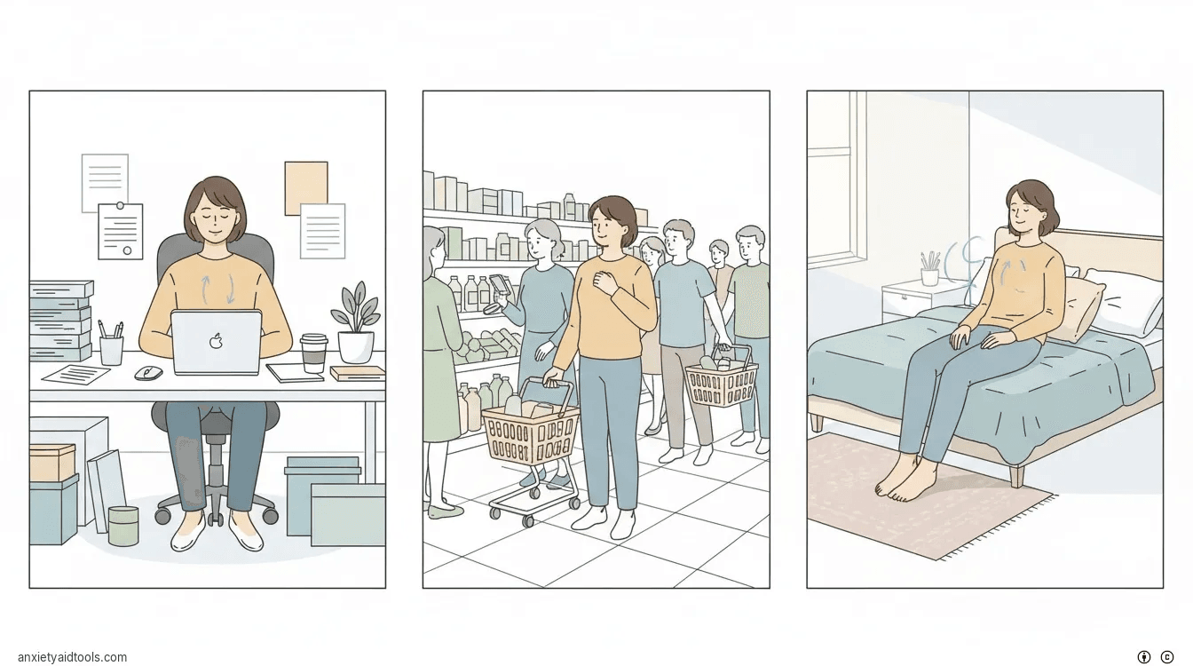 A collage of a person practicing box breathing at work, in a store, and at home.