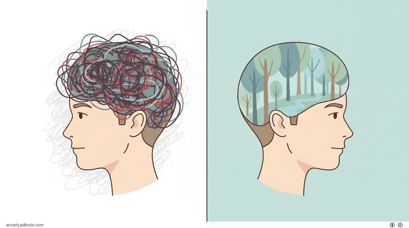 Split-screen illustration of a person's mind transitioning from chaotic anxiety to a peaceful forest.
