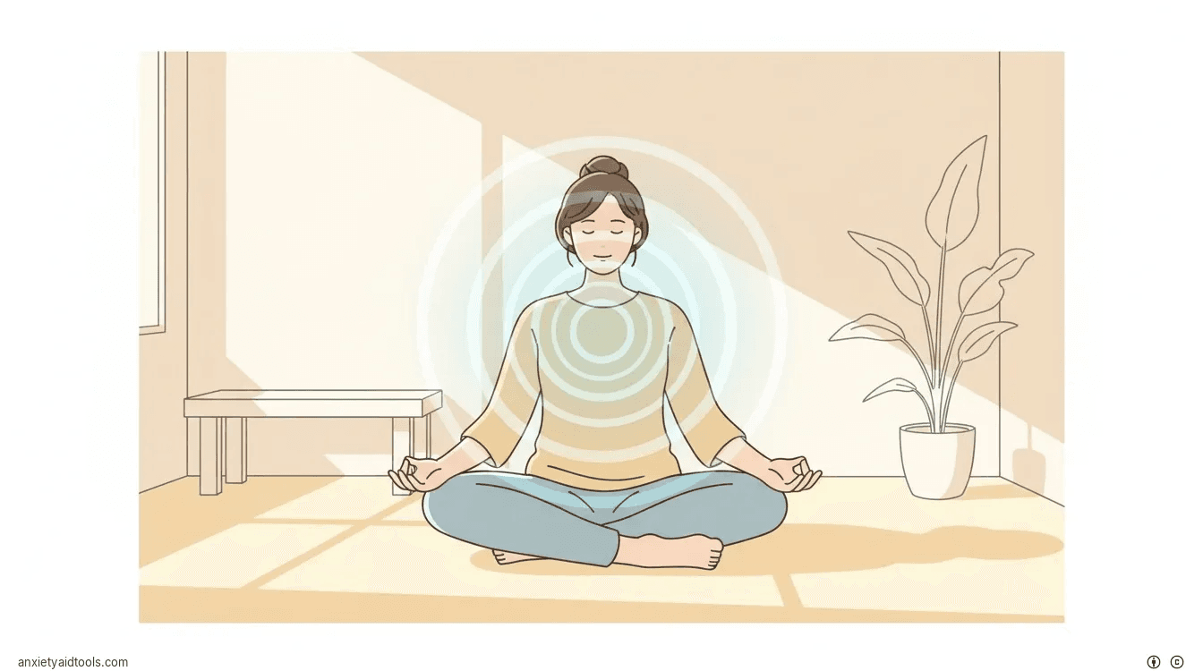 A person meditating in a sunlit room with a glowing ripple effect symbolizing mindfulness.