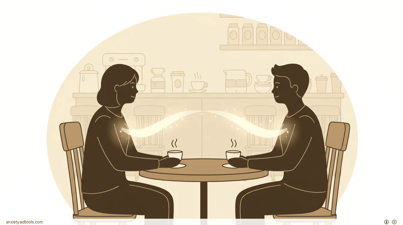 Two people talking in a cozy cafe with a golden light bridge connecting them.