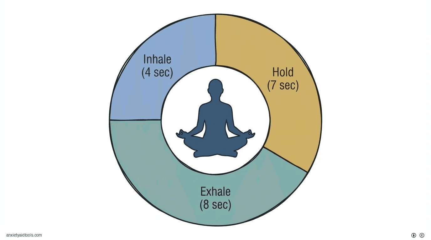 Breathing guide: Inhale, hold, exhale. Meditative figure inside.