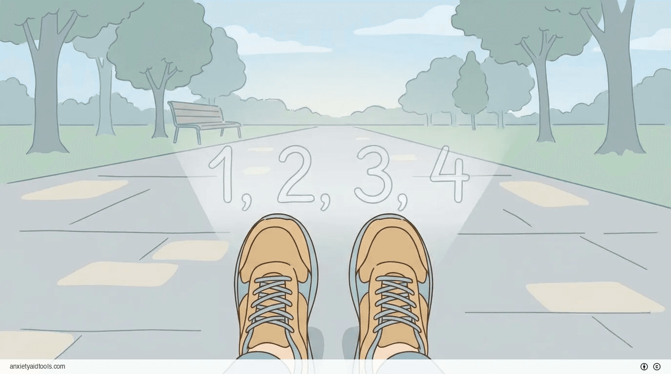 Walking shoes on path. Numbers count steps.