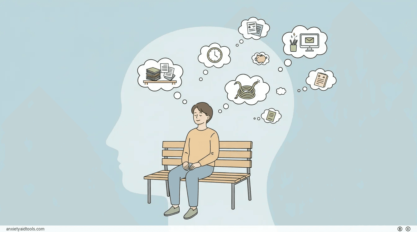 An illustration of a person watching their thoughts float by like clouds in the sky.