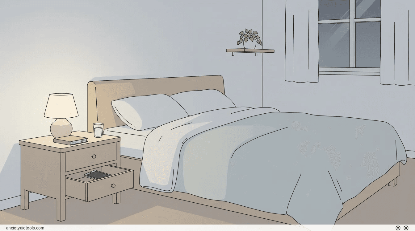 A peaceful, screen-free bedroom setting with a book and warm lighting on a nightstand.