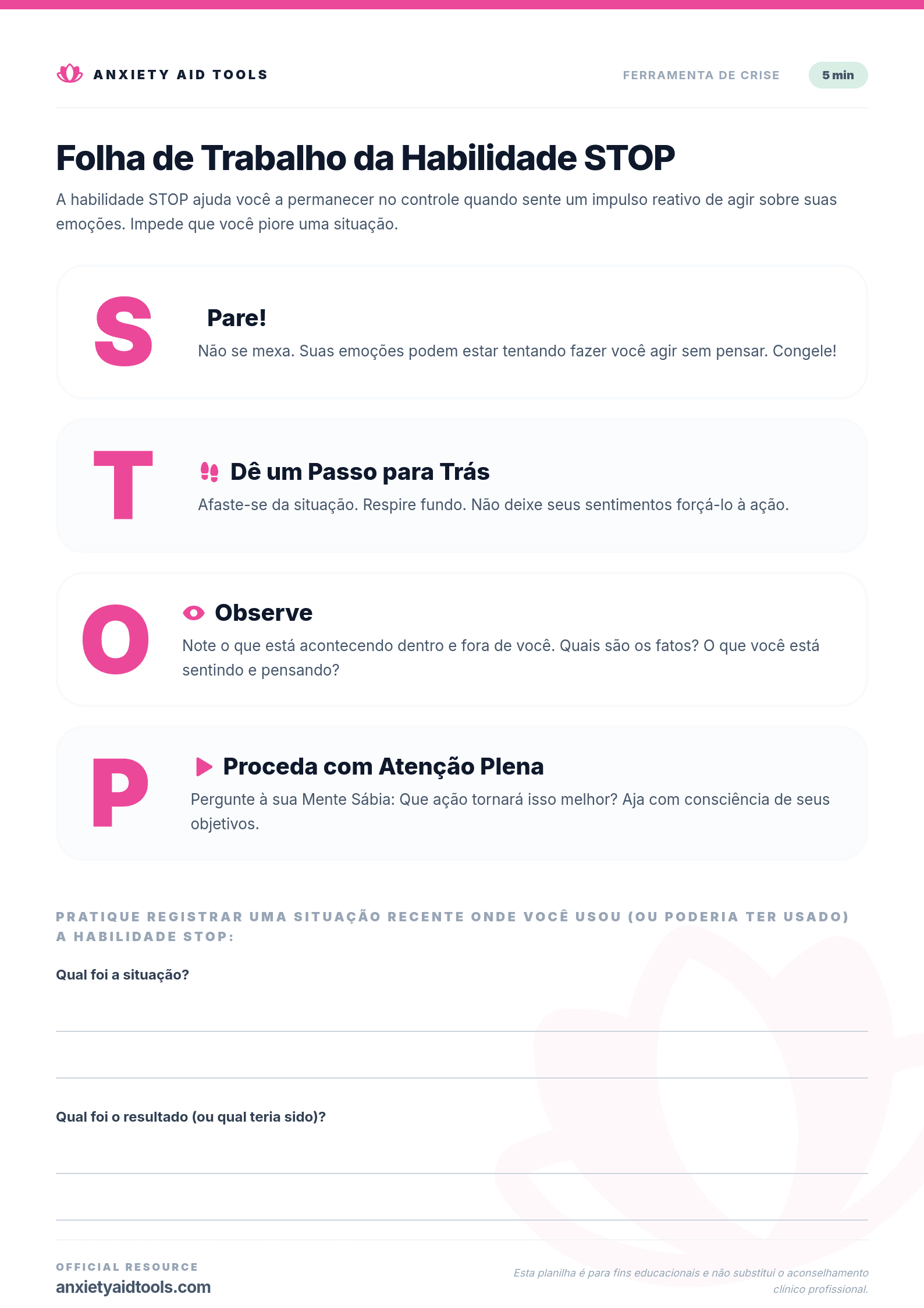 Folha de Trabalho da Habilidade STOP